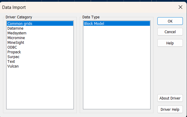 Datamine data import dialog for text block model
