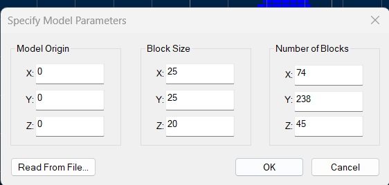 Datamine specify model parameters dialog
