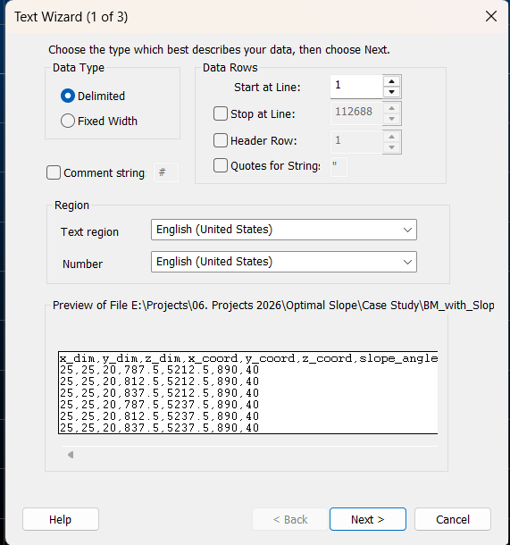 Datamine text wizard data type and header row settings