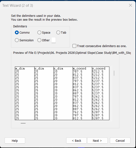 Datamine text wizard CSV delimiter settings