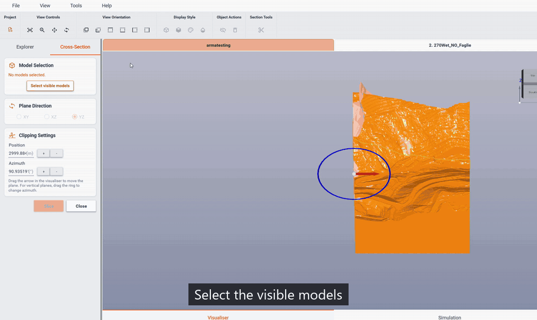 Selecting visible models, rotating the clipping plane with the circular handle, and moving it with the arrow handle