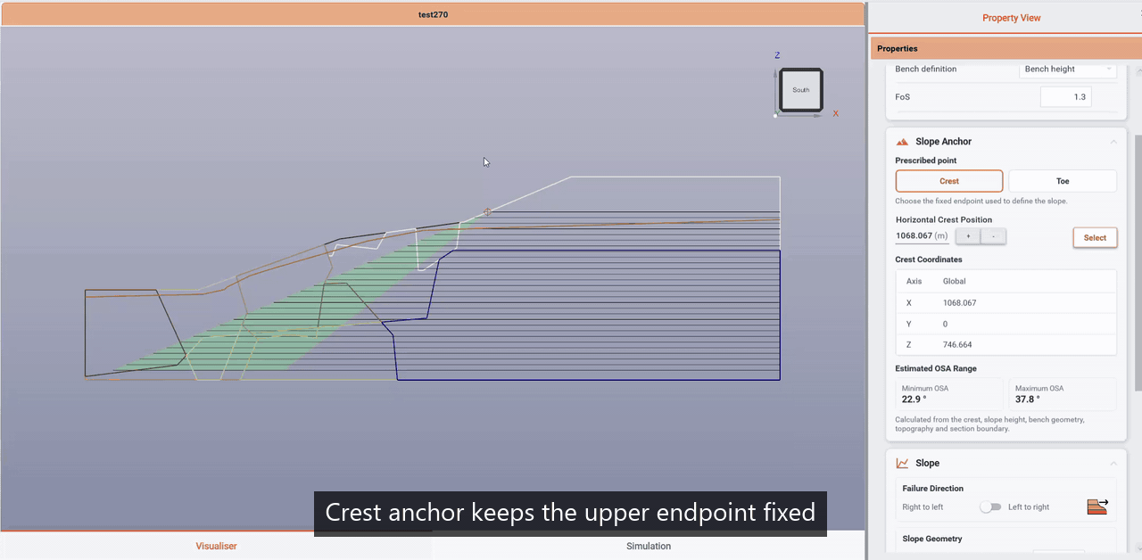 Switching between Crest and Toe slope anchors and reviewing the recalculated slope height and OSA range