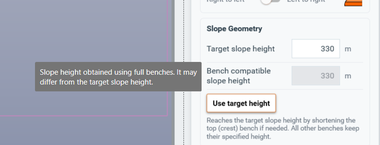 Bench-compatible height tooltip beside the slope-geometry fields, leaving the height values and Use target height button visible
