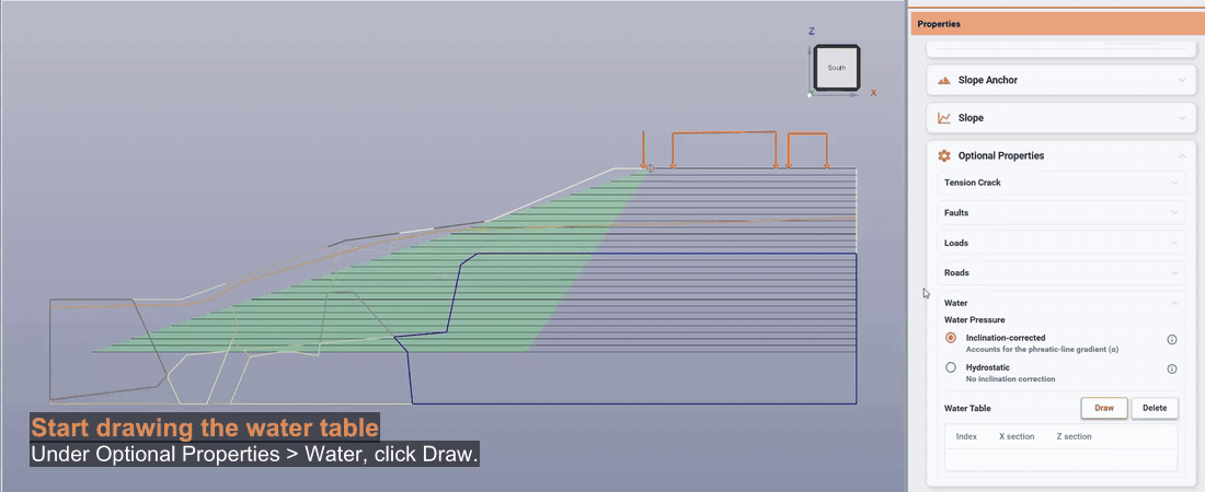 Drawing water-table points from the slope toe to the section boundary and choosing between the manually drawn and imported water tables