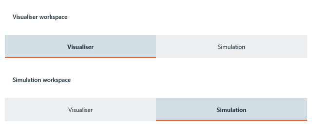 Two tab states: Visualiser selected in the upper example and Simulation selected in the lower example, each with a darker grey background, bold text and an orange underline