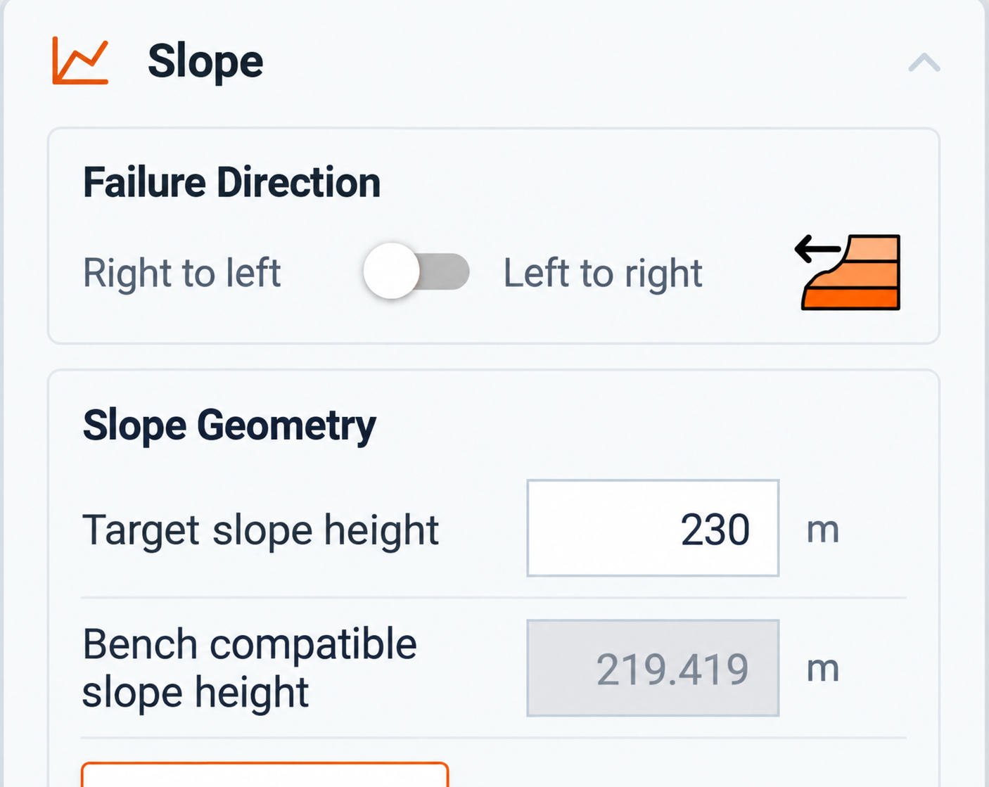 Right to left failure direction, target height of 230 metres and bench-compatible height of 219.419 metres