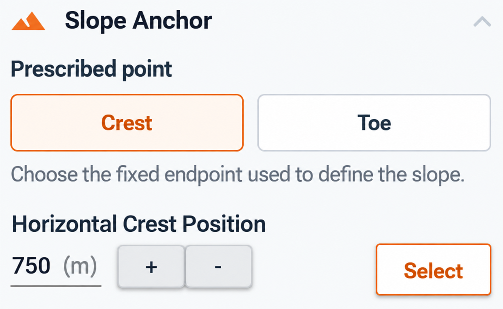 Crest anchor selected with Horizontal Crest Position set to 750 metres