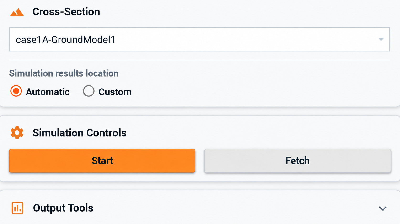 Simulation panel with case1-GroundModel1 selected and Automatic results storage enabled