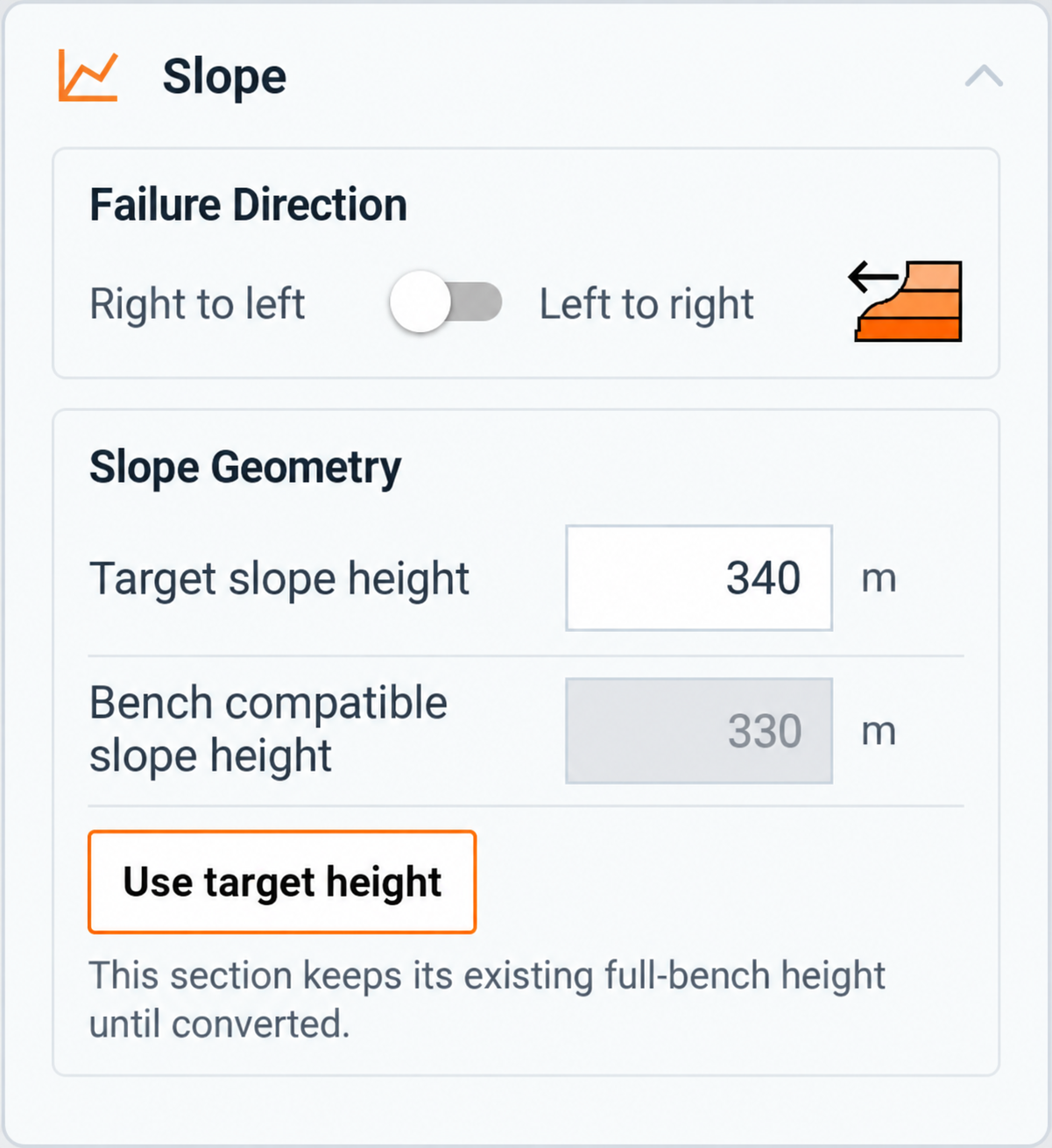 Target slope height of 340 metres, bench-compatible height of 330 metres and Use target height button