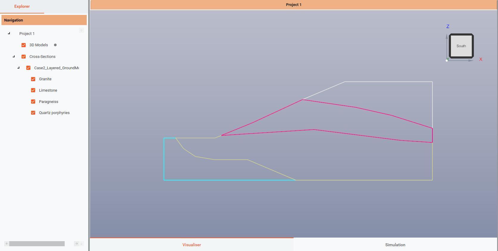 Visualiser showing the imported Case 2 ground model and its geological boundaries