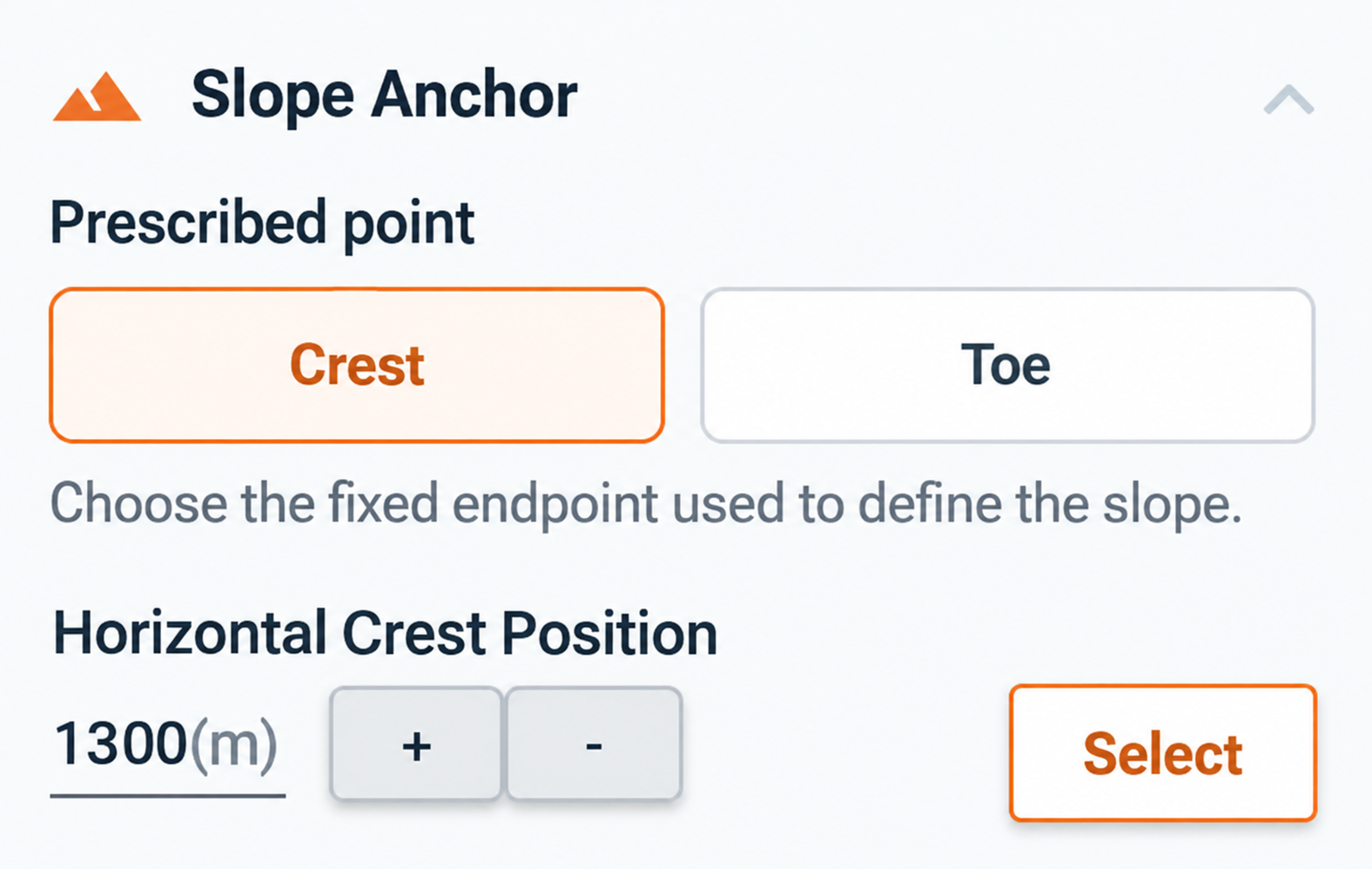 Crest selected with a horizontal position of 1300 metres