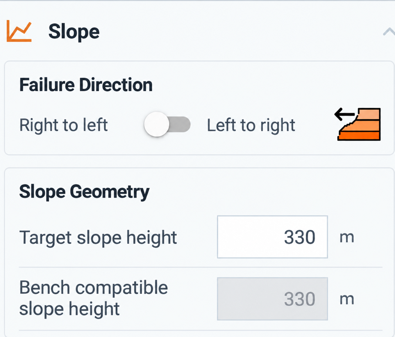Right to left slope with target and bench-compatible heights of 330 metres