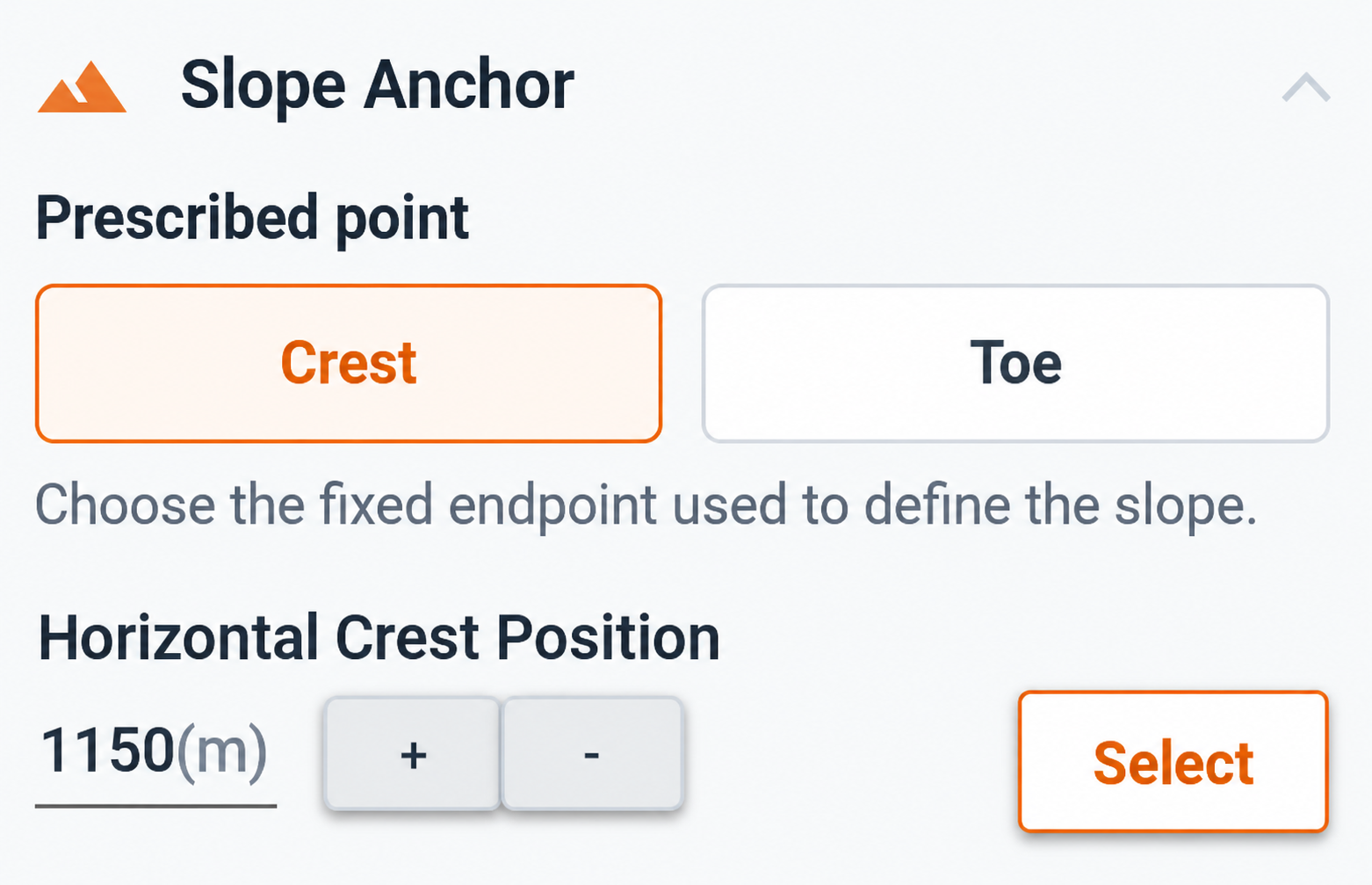 Crest selected with the horizontal position set to 1150 metres