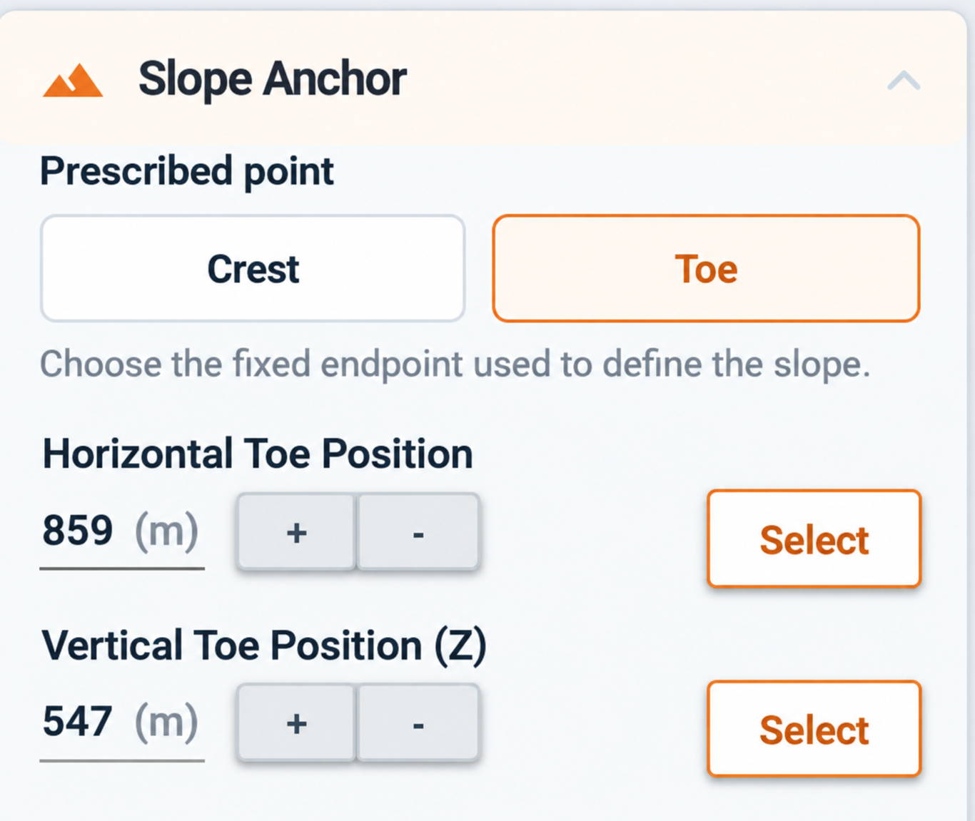 Toe selected with horizontal position 859 metres and vertical position Z of 547 metres