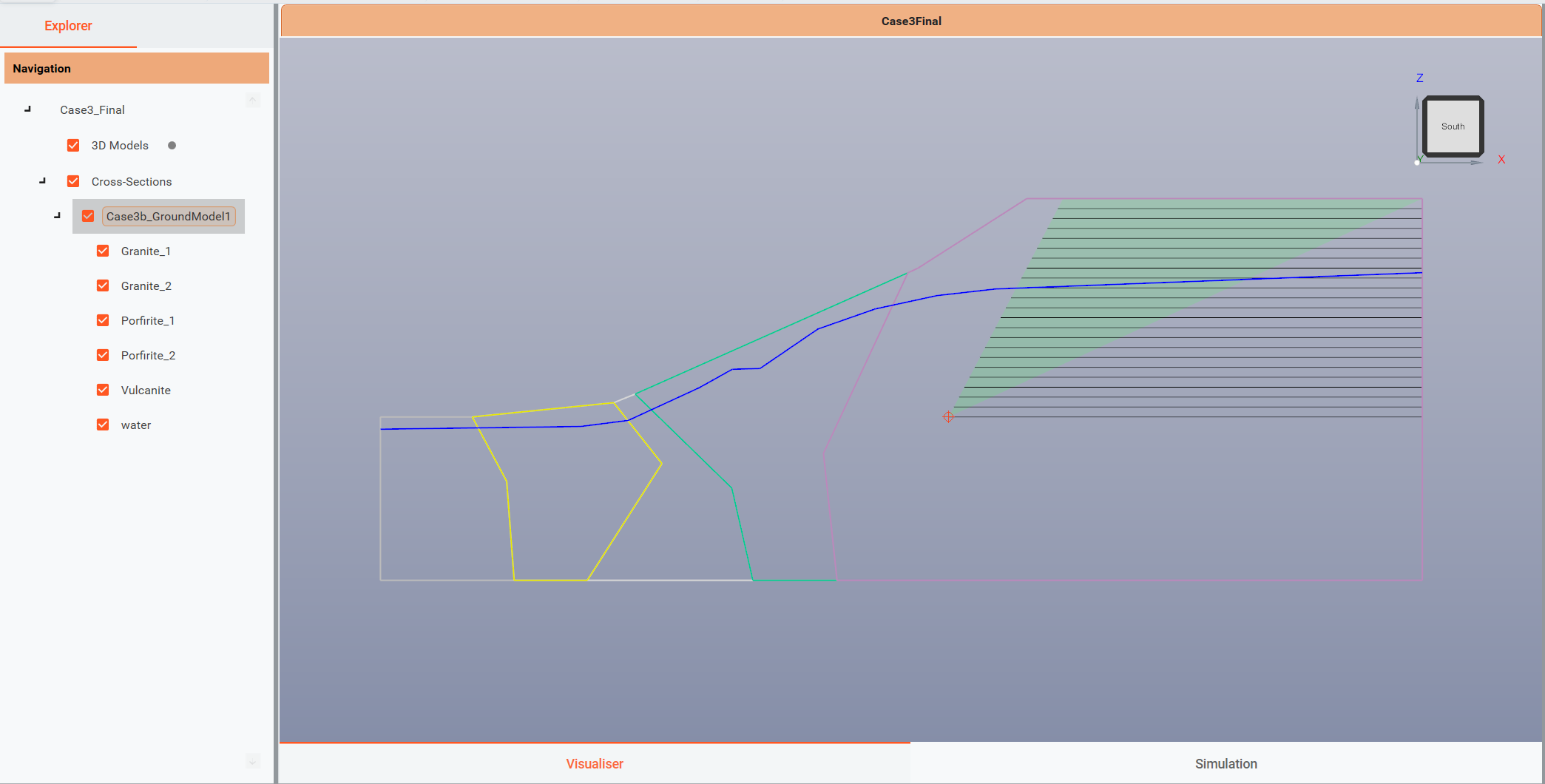 Visualiser preview showing the fixed toe at the lower endpoint of the slope and the green OSA search region