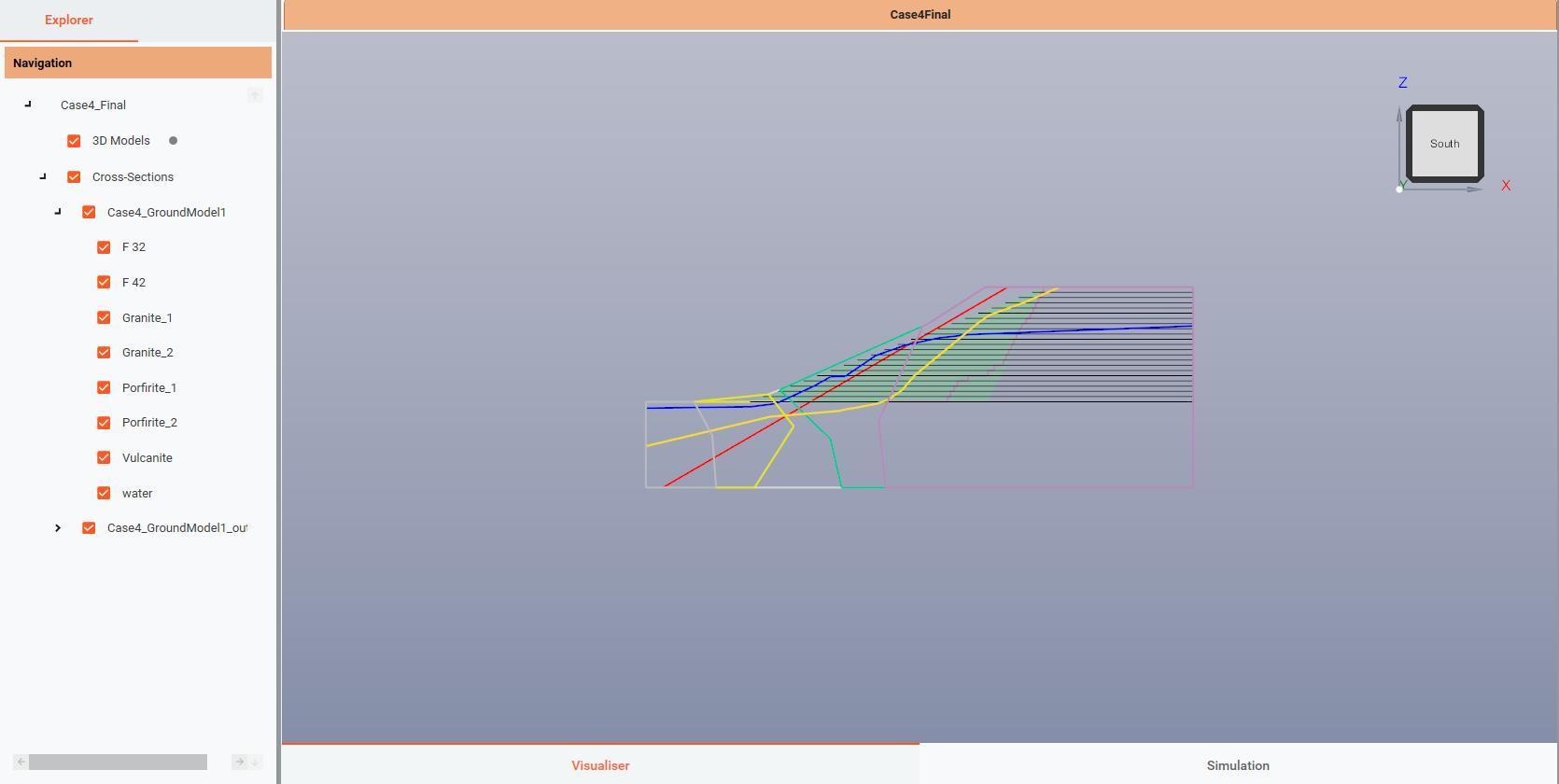 Case 4 geological section in the Visualiser with its rock boundaries and faults