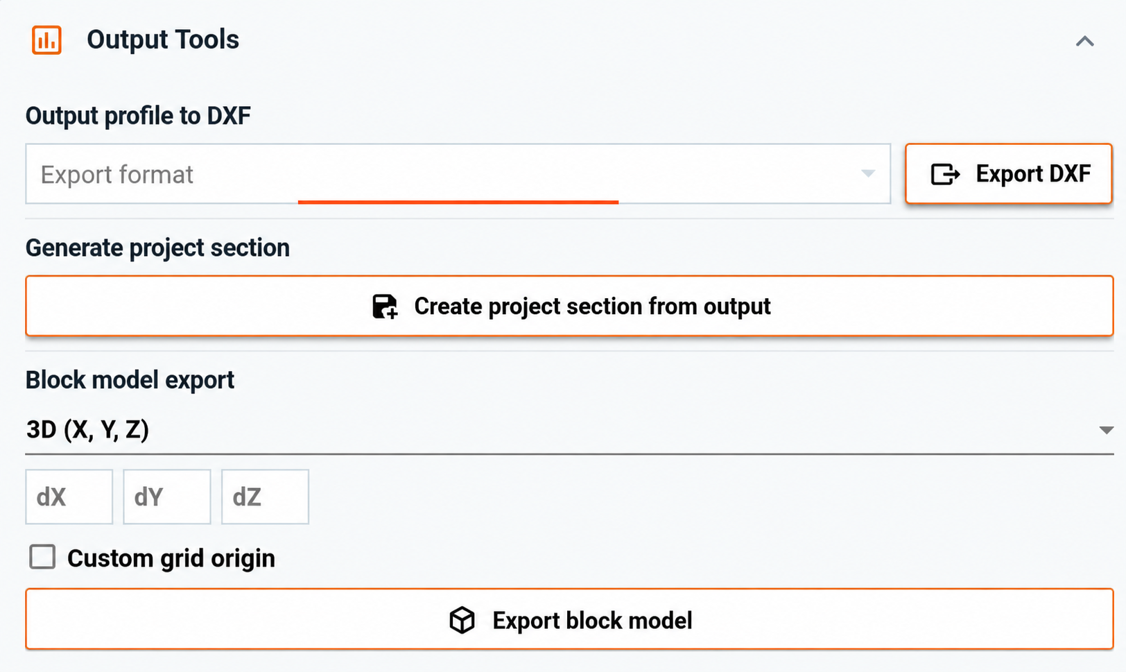Output Tools showing the Create project section from output action