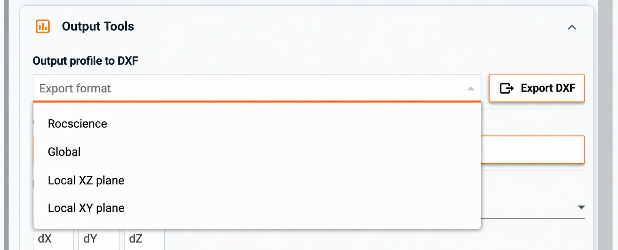 Output Tools with the Rocscience, Global, Local XZ and Local XY export choices