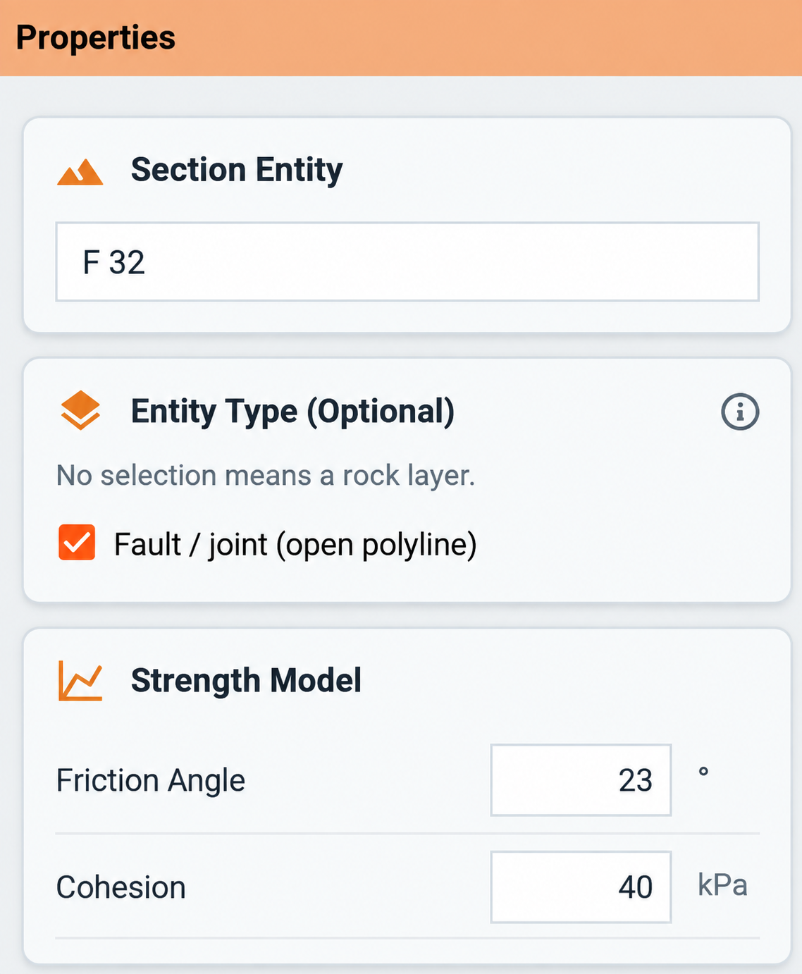 F 32 classified as a Fault joint open polyline with Mohr-Coulomb friction angle 23 degrees and cohesion 40 kilopascals