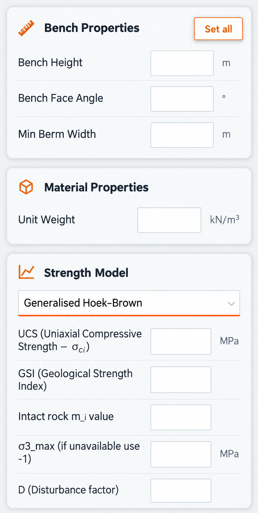 Properties panel with Generalised Hoek-Brown selected and the UCS, GSI, mi, sigma3 max and disturbance fields visible
