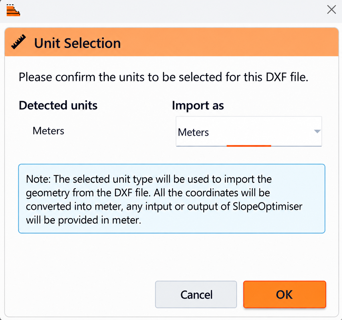 DXF import dialog with Meters selected under Import as