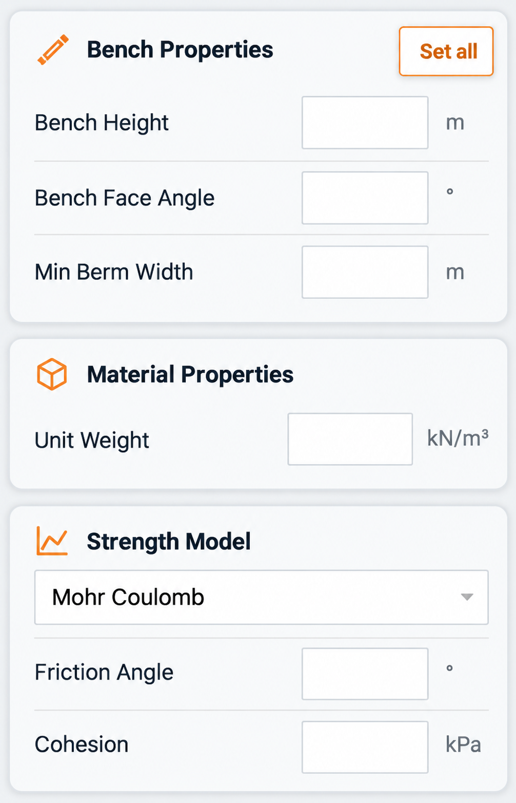 Bench and Mohr-Coulomb input fields in the Properties panel