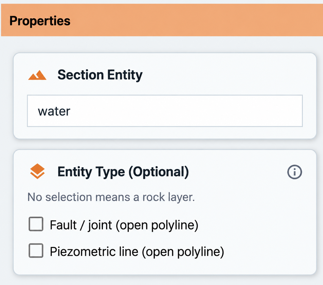 Water entity selected with the Piezometric line open polyline checkbox visible